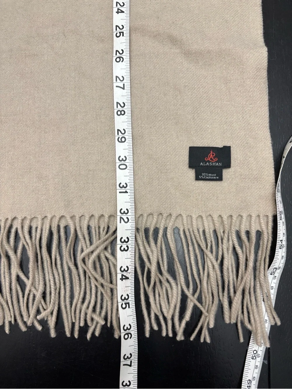 Alashan Tan Wool Cashmere Blend Unisex Fringed Scarf, 12 1/4” x 32-36”